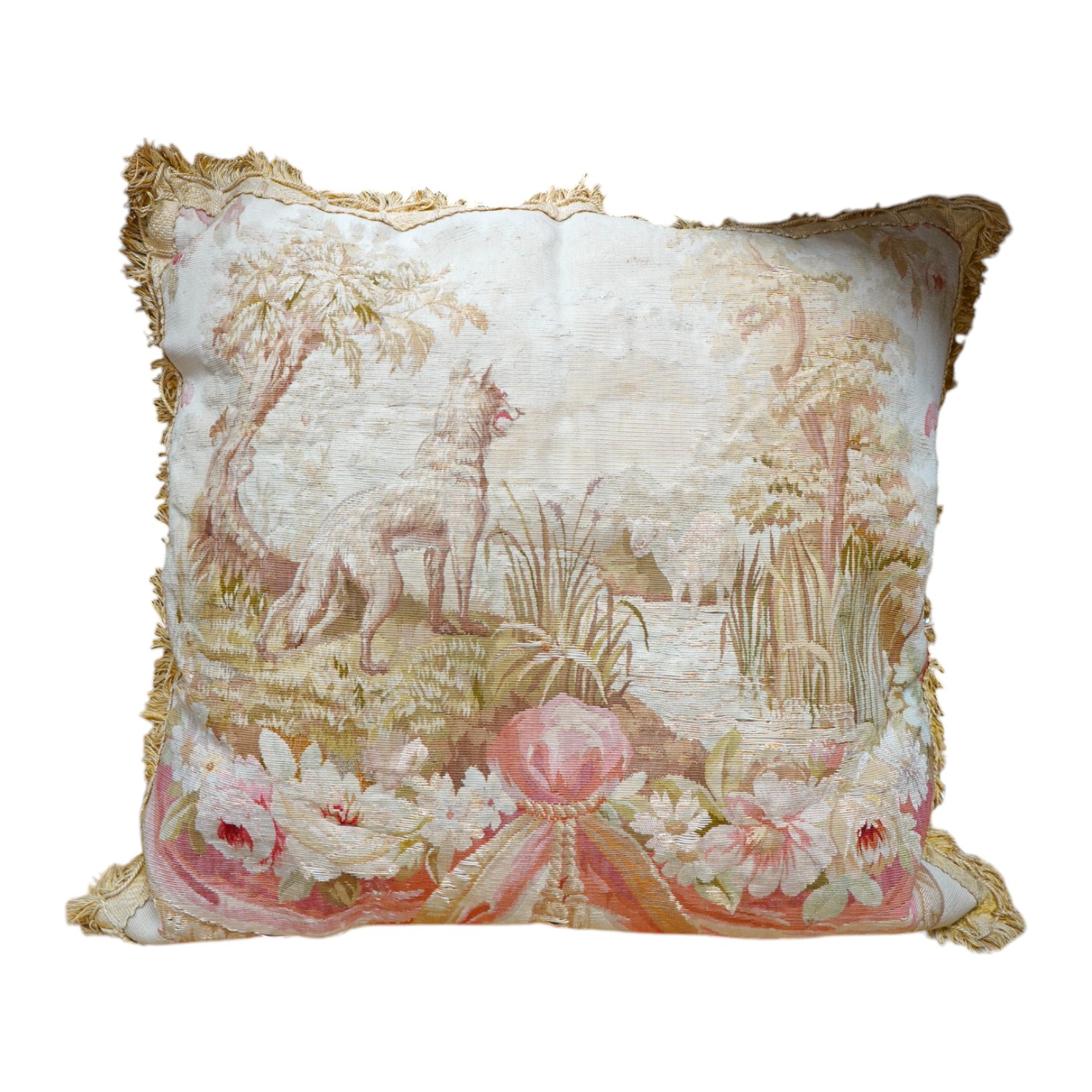 A 19th century Aubusson tapestry made into a cushion, depicting Aesops fable, “The Wolf and the Lamb”. 45cm x 42cm. Condition - the tapestry has worn from use, needs stitching in places, colours good, edging and backing